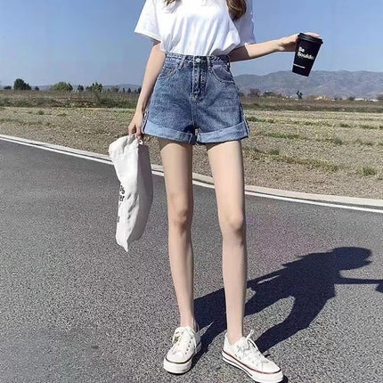 Personalized Versatile Curled Denim Shorts for Women Summer 2025 Pear-Shaped Figure High-Waisted Loose Slimming Thin Wide-Leg Shorts
