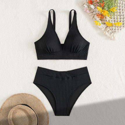 2025 New European and American Cross-Border Bikini Pure Color Deep V Threaded Pit Strip Sexy Bikini Split Swimsuit for Women