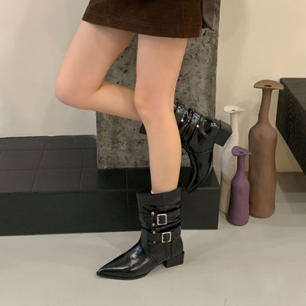 2025 Autumn/Winter Pointed Toe Western Cowboy Boots Autumn/Winter Slimming Melard Short Boots Retro Chunky Heel Mid-Calf Riding Boots