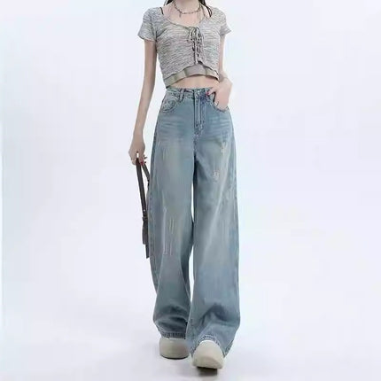 American Retro Wide-Leg Jeans for Women, Trendy Versatile New Ripped Design, Loose Slimming Drape Straight Pants