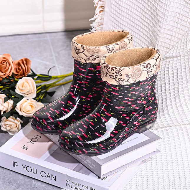 Foreign Trade Solid Color Short-Tube Rain Boots for Adult Women, Outdoor Rainforest Hiking Waterproof Non-Slip Water Shoes, Fleece-Lined Warm Rain Boots