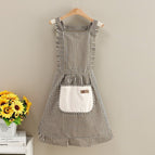 Cotton and linen striped hand pocket princess dress with suspenders [brown color
