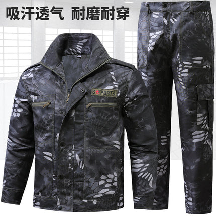 Workwear Set for Men, Labor Protection Clothing, Spring and Autumn Camouflage Wear, Durable Construction Site Work Clothes, Multi-Pocket Mechanic's Suit