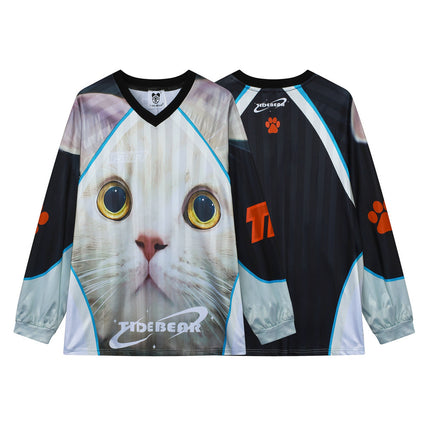 American-style Casual Couple Sports Mesh Ball Suit Loose V-neck Cat Large Printed Retro Contrast Color Long-sleeved T-shirt for Men and Women
