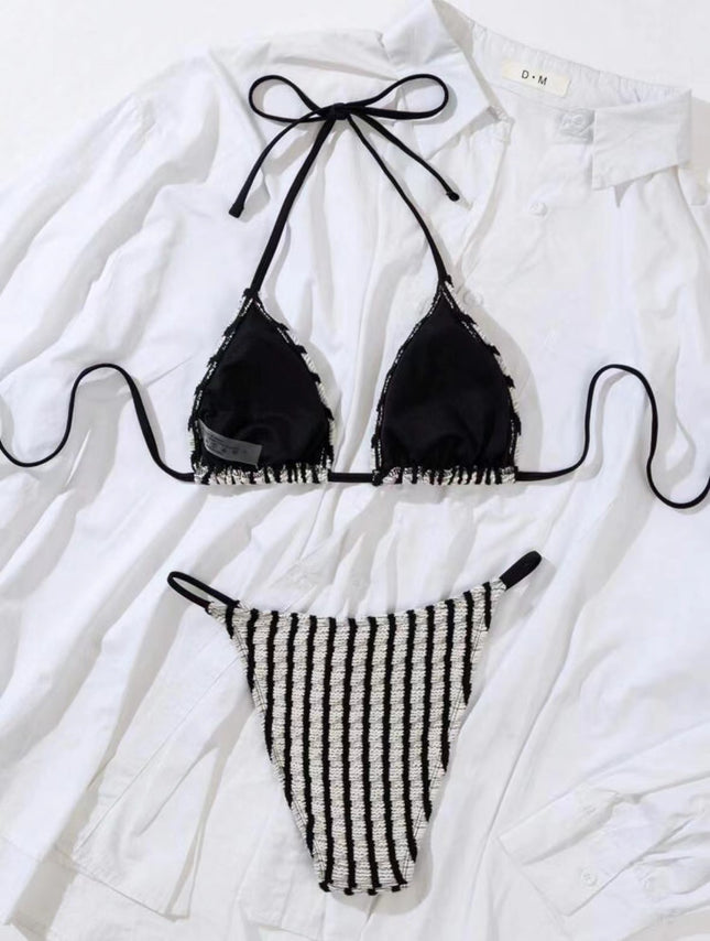 2025 European and American New Split Sexy Striped Towel Cloth Bikini Bikini Swimsuit for Women's Foreign Trade