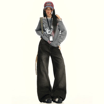 American Retro Wide-Leg Jeans for Women 2025 Early Autumn New Design Distressed Slimming Straight-Leg Floor-Length Pants
