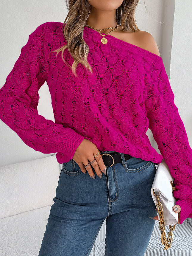 Clearance Hot-Selling Autumn and Winter Casual Feather Hollow-Out Off-Shoulder Lantern Sleeve Sweater Independent Cross-Border Women's Fashion