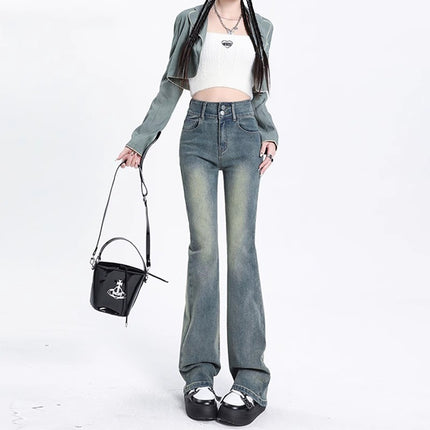 Grey Micro La Jeans Women's Autumn Trendy All-match New American Style Slim Look High Waist Stretch Horseshoe Trousers