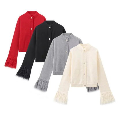 European and American Style Women's Clothing, Popular Cross-Border Product, Lazy and Versatile, Solid Color Spliced Feather Knit Cardigan
