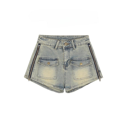 Summer Thin Retro Hip-Covering Zipper Workwear Denim Shorts for Women, Summer Petite Hot Girls Slimming Ultra-Short Hot Pants