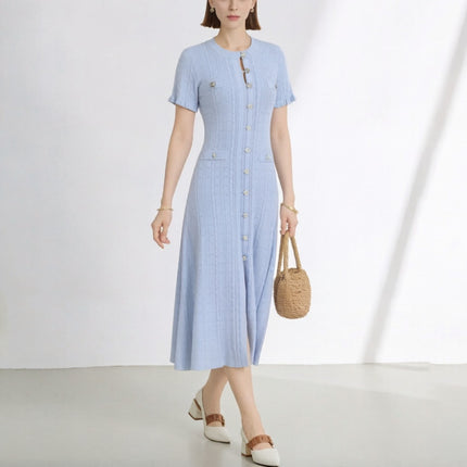 Cross-Border S Brand French Style New High-End Chanel-Inspired Hollow Lace Sleeve Slim-Fit Split Knit Dress