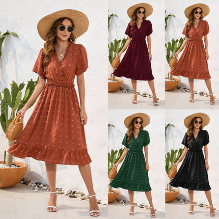 Amazon Cross-Border V-Neck High-Waist Strap Dress Fur Ball Short-Sleeved Dress Casual Vacation Travel Dress