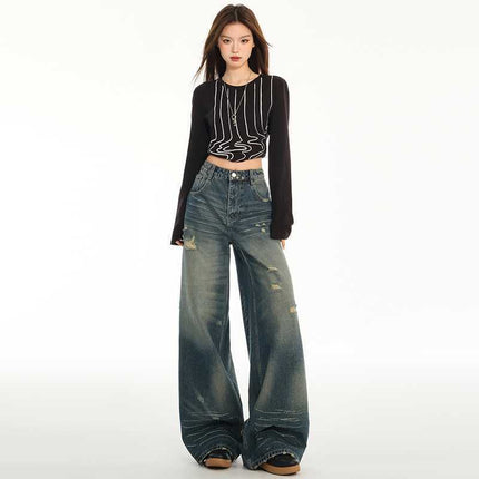 American Design Ripped Jeans for Women 2025 Summer Straight Pants High Waist Slim Floor-Length Wide Leg Long Pants
