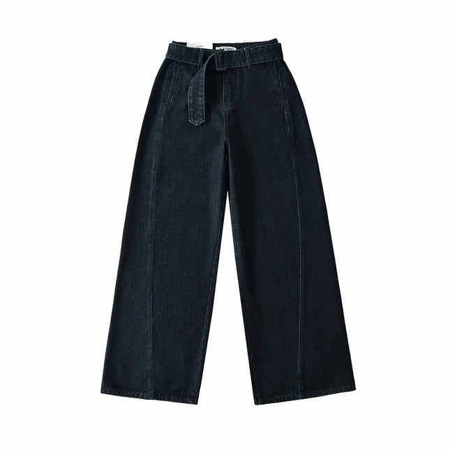 American Retro Wide-Leg Jeans Spring New High-Waist Belt Loose Slimming Look Casual Straight Pants Floor-Length Pants