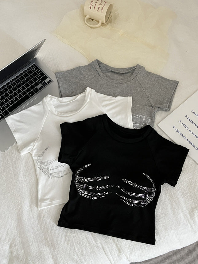 Hot Girl High Street Hot Diamond Short-Sleeved T-Shirt Women's Summer Sexy Petite Casual Versatile Tight Short Crop Top