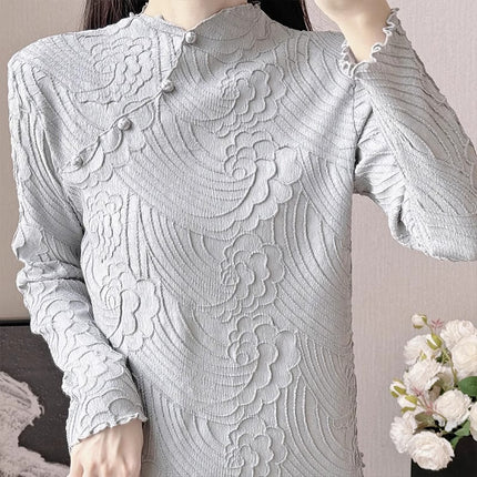 Miyake 2024 Summer New Chinese Style Slant-breasted Long-sleeved Three-dimensional Pleated Top Women's Two-piece Set with Tight Waist Skirt