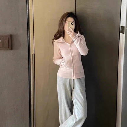 Women's Slim-Fit Fleece Hoodie Sports Fitness Cardigan Slimming Jacket Dopamine Korean Style Top Zipper Versatile Trendy