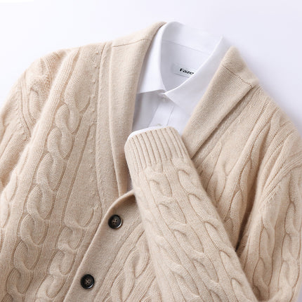 Thickened Autumn and Winter Retro Twisted Green Fruit Collar Cashmere Knitted Cardigan Men's Casual Sweater Loose Jacket Fashion