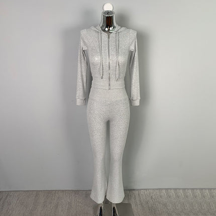 South Korea Dongdaemun Figure Sports suit Slim-fit Sexy Hooded Zipper Short Coat High Waist Flared Pants for Women
