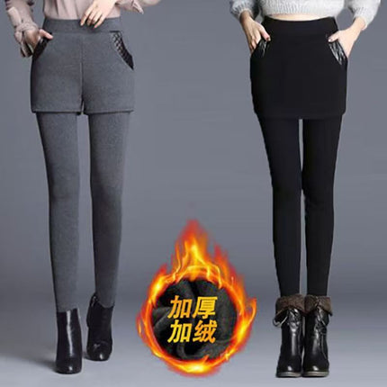 fleece-lined Thickened Leggings Women's Outer Wear Fake Two-Piece Pants Winter plus size Warm Hip Leggings Women's Culottes
