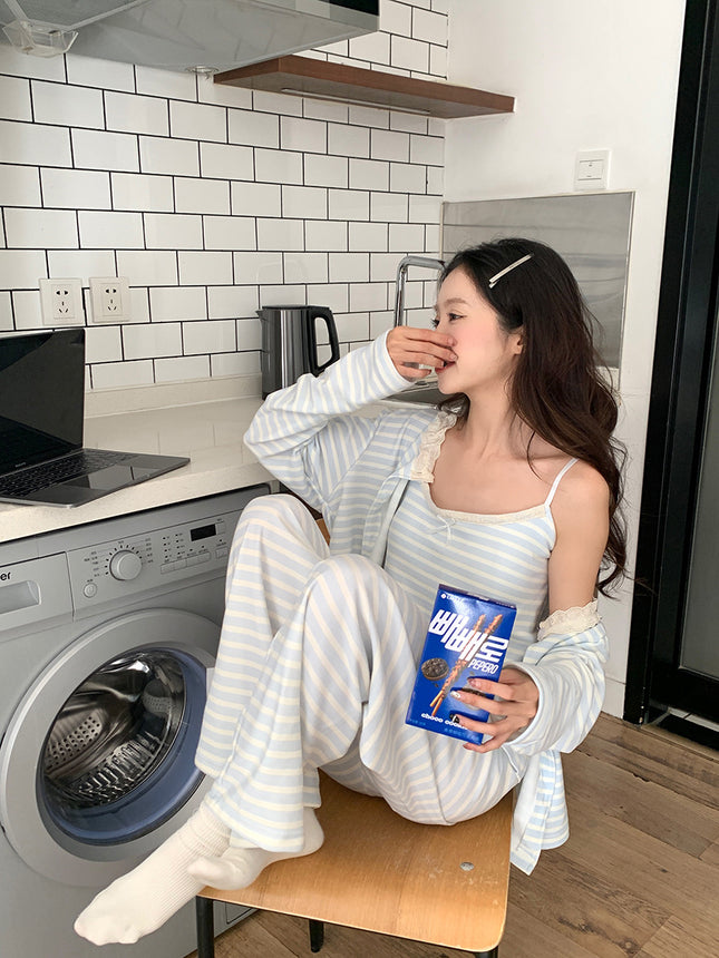 Milk Blue Striped German Velvet Pajamas Three-piece Set Women's Autumn and Winter New Arrival Long-sleeved Cardigan Trousers Home Clothes suit