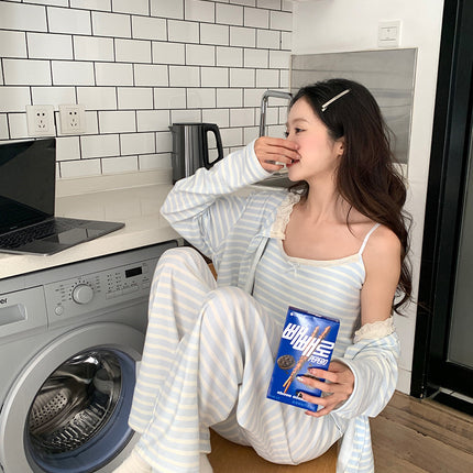 Milk Blue Striped German Velvet Pajamas Three-piece Set Women's Autumn and Winter New Arrival Long-sleeved Cardigan Trousers Home Clothes suit