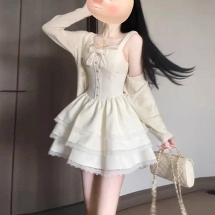 French Sweet Unique Super Good-looking Cardigan Coat Puffy Cake dress Two-piece Set for Small Spring and Autumn Wear