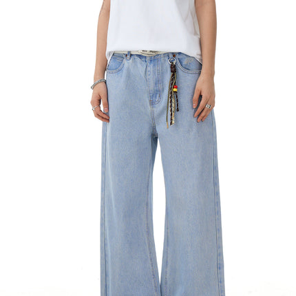 11Kn American Retro Washed Jeans for Men and Women, Loose Straight Wide-Leg Pants, Slimming Trendy Light Blue Casual Long Pants