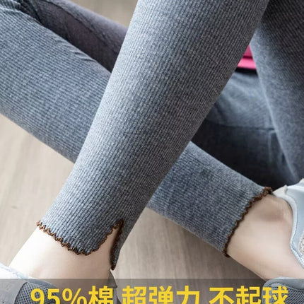 Women's Leggings for Outerwear, Spring and Autumn Style, Elastic Slim Fit, Ribbed High-Waisted, Nine-Tenths Length, Solid Color, Autumn and Winter Skinny Pants