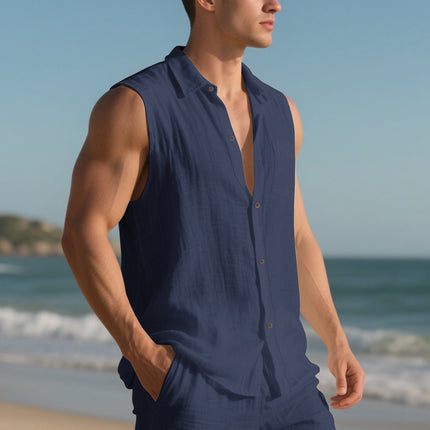 Cross-Border Amazon European and American Men's New Summer Products New Loose Linen Simple Casual Sleeveless Beach Shirt