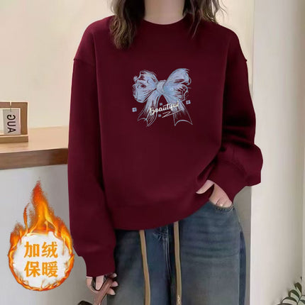 wine red New Year Sweat Women's 2025 New Autumn and Winter All-match Loose High-end fleece-lined Long-sleeved Spring Thin Top