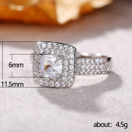 Full Diamond Micro-Paved Princess Diamond Zircon Ring European and American Luxury Engagement Ring Light Luxury Fashion Hand Jewelry
