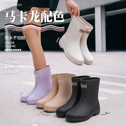 Exported to Japan and South Korea 2025 New Fashion Mid-Calf Rain Boots for Women, Non-Slip Water Shoes, Lightweight Waterproof Rubber Shoes