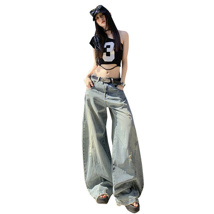 Vintage Ripped Scimitar Wide Leg Jeans Women's 2025 Spring and Autumn New Straight Loose High Waist Slimming Mop Pants