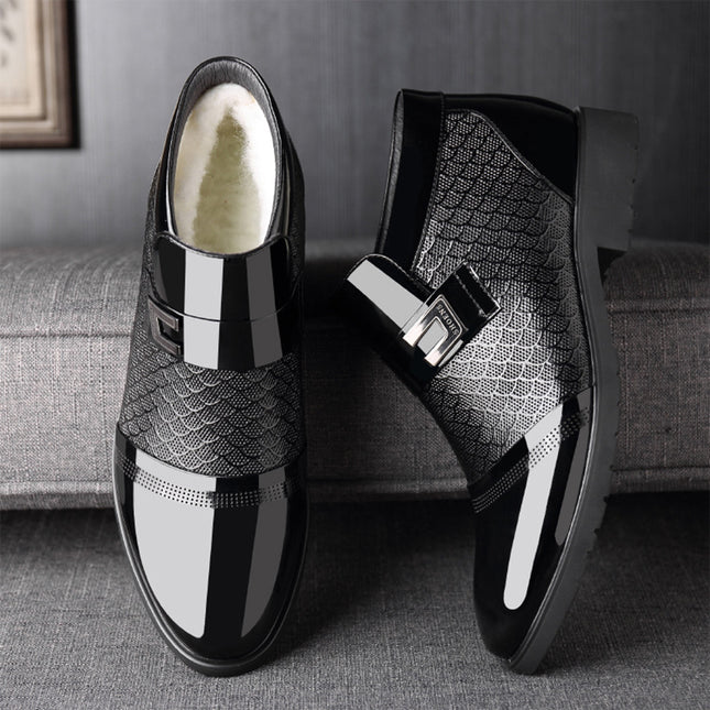 2023 Winter Thickened Warm Cotton Shoes Men's Lacquer High Top Men's Shoes fleece-lined Non-slip Business Dress Shoes Men's Men's Leather Shoes