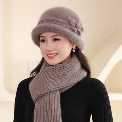 Velvet Warm Knitted Rabbit Fur Hat for Women Autumn and Winter Cold-Proof Gloves Scarf Basin Hat K-Style Trendy Middle-Aged and Elderly People