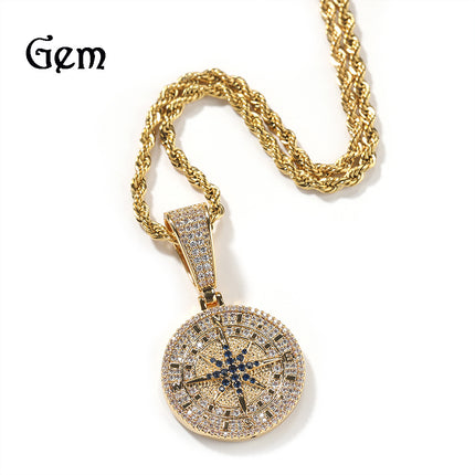 European and American hip-hop diamond-encrusted gold compass pendant necklace personality retro copper material pendant creative cross-border jewelry