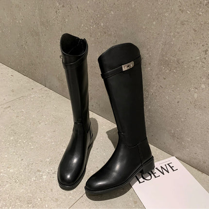 Grape Mom 2024 with Thick Bottom Lock Buckle Long Boots Women's Autumn and Winter Flat Knights Boots New But Knee High Boots