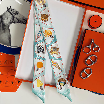 Summer New Decorative Ice Cream Women's Versatile Decorative Twill Silk Ribbon Wrapped Around the Bag Silk Scarf Small Scarf