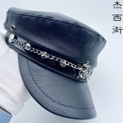 Y2K Spice Girl PU Leather Flat Top Beret Women's All-match Retro British Style Black Navy Hat for Face
