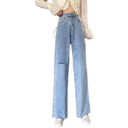 2024 Summer Hong Kong style chic ripped Denim wide-leg pants women's fashionable loose straight slimming draping mop pants
