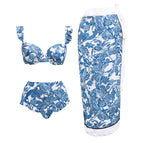 Blue wooden ear split bikini + gauze skirt / S