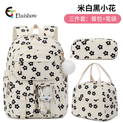High School Ins Campus Large Capacity Three-Piece Corduroy Printed Backpack New Style Casual All-Match Backpack