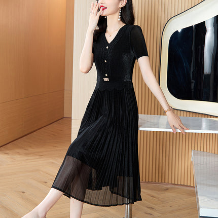 Miyake Pleated Magic Fashion dress 2025 Summer New V-Neck Short-Sleeved Stitching Slimming Pleated Skirt