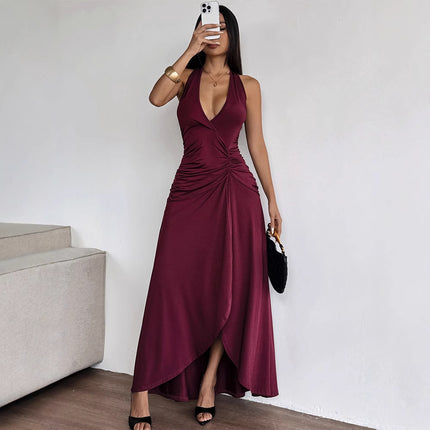 AD328 European and American Cross-border Spring and Summer New Women's Backless Deep V Split Neck Pleated Sexy Dress dress