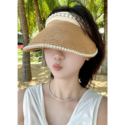 Straw Pearl Sun Hat Headband Empty Top Straw Hat Women's Summer Hairpin Topless Face Covering Sun Protection Sun Hat Outdoor