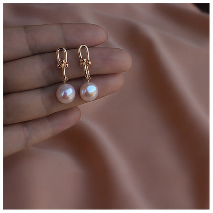 Natural Alien Baroque Freshwater Pearl Earrings Silver Needle Plated 14K Gold Horseshoe Chain Earrings Personalized Fashion Earrings