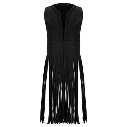 2025 Women's European and American Style New Suede Tassel Vest Jacket Popular Sleeveless Mid-Length Vest Outer Wear