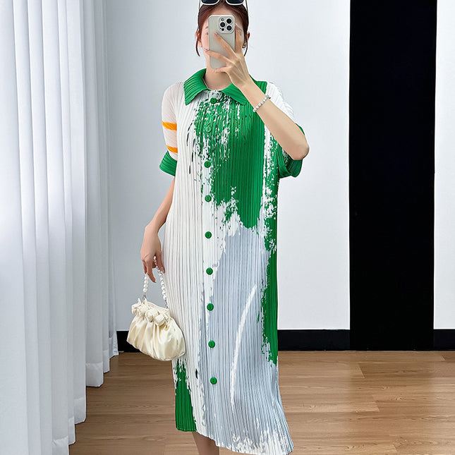 Miyake Simple Printed Casual Waist Loose Long Dress 2024 Summer Pleated Single-breasted New Women's dress