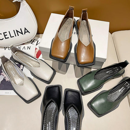 2024 Summer Daily Round Toe Spot Green Sgs Cowhide Thick Heel Pure Color Low-Top Viscose Shoes Leather Shoes